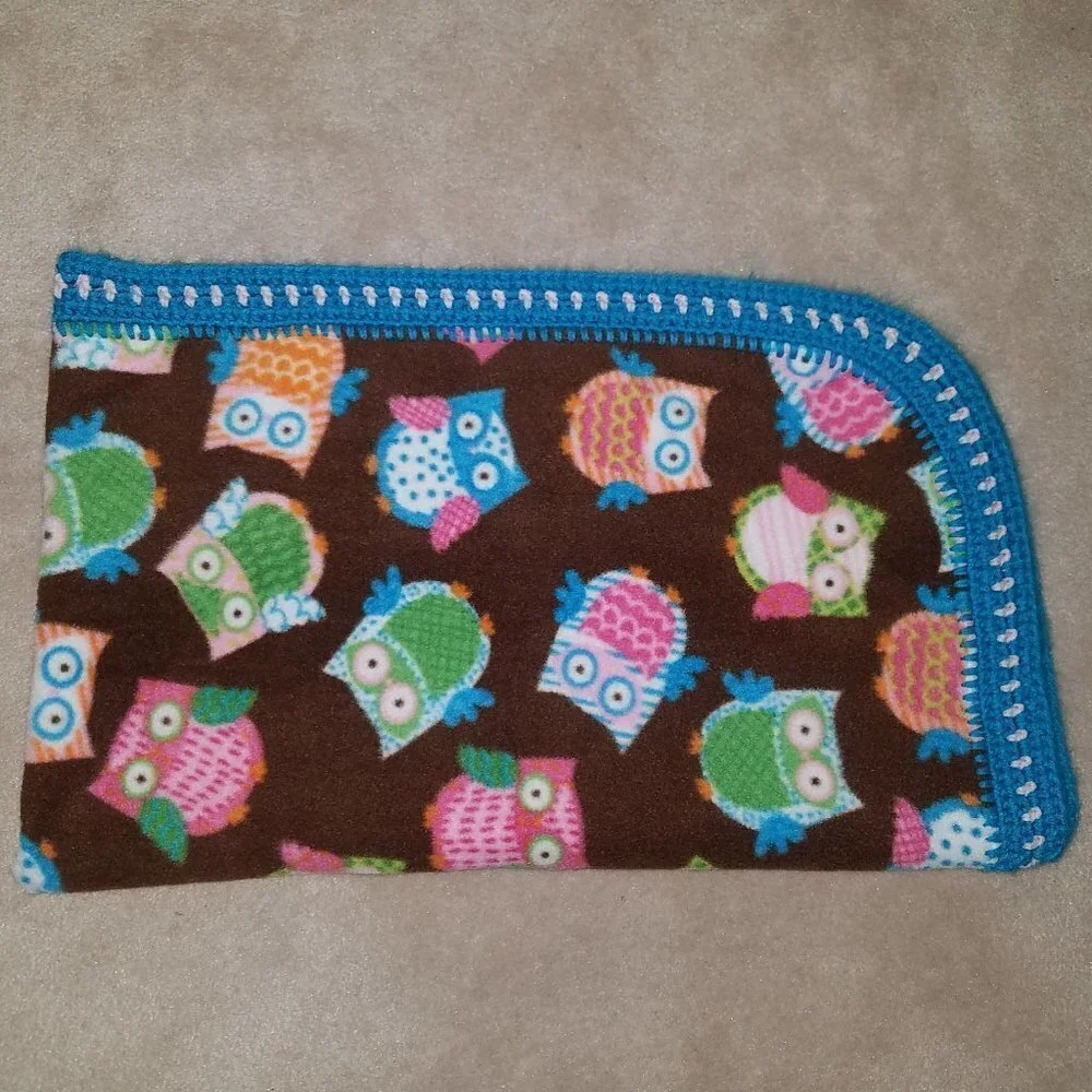 Brown Owls Baby Blanket Blue Minky Dot Crochet Trim Throw Lap Orange Blue Green